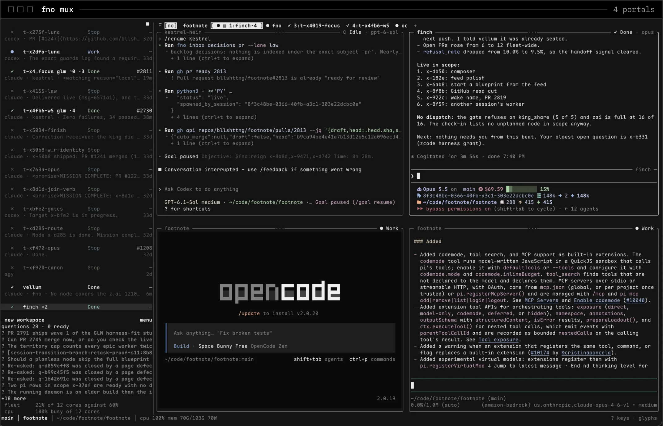 fno mux with four agent portals open, a roster of agent sessions, and the questions waiting on a person