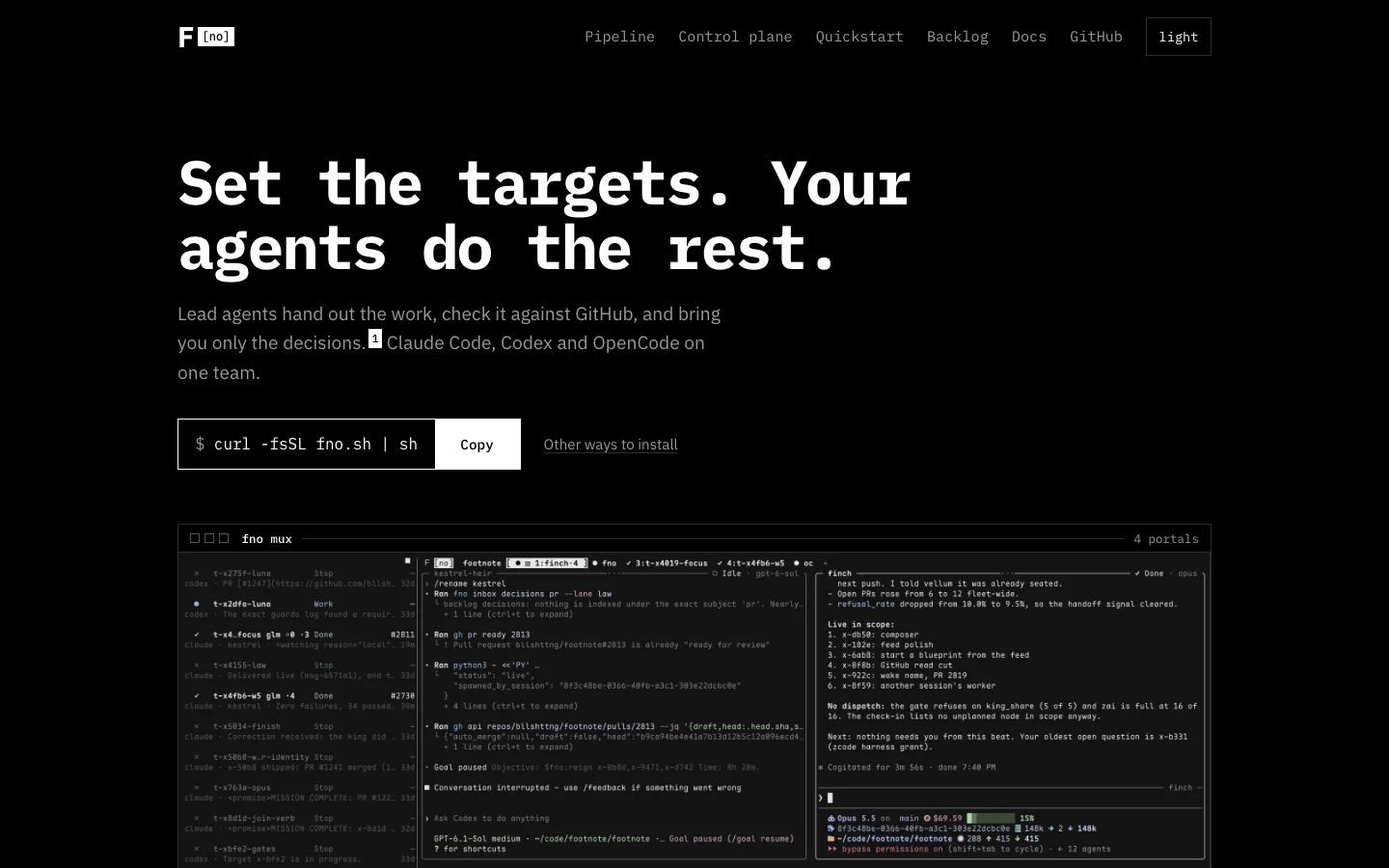 The fno.sh home page: Set the targets. Your agents do the rest.