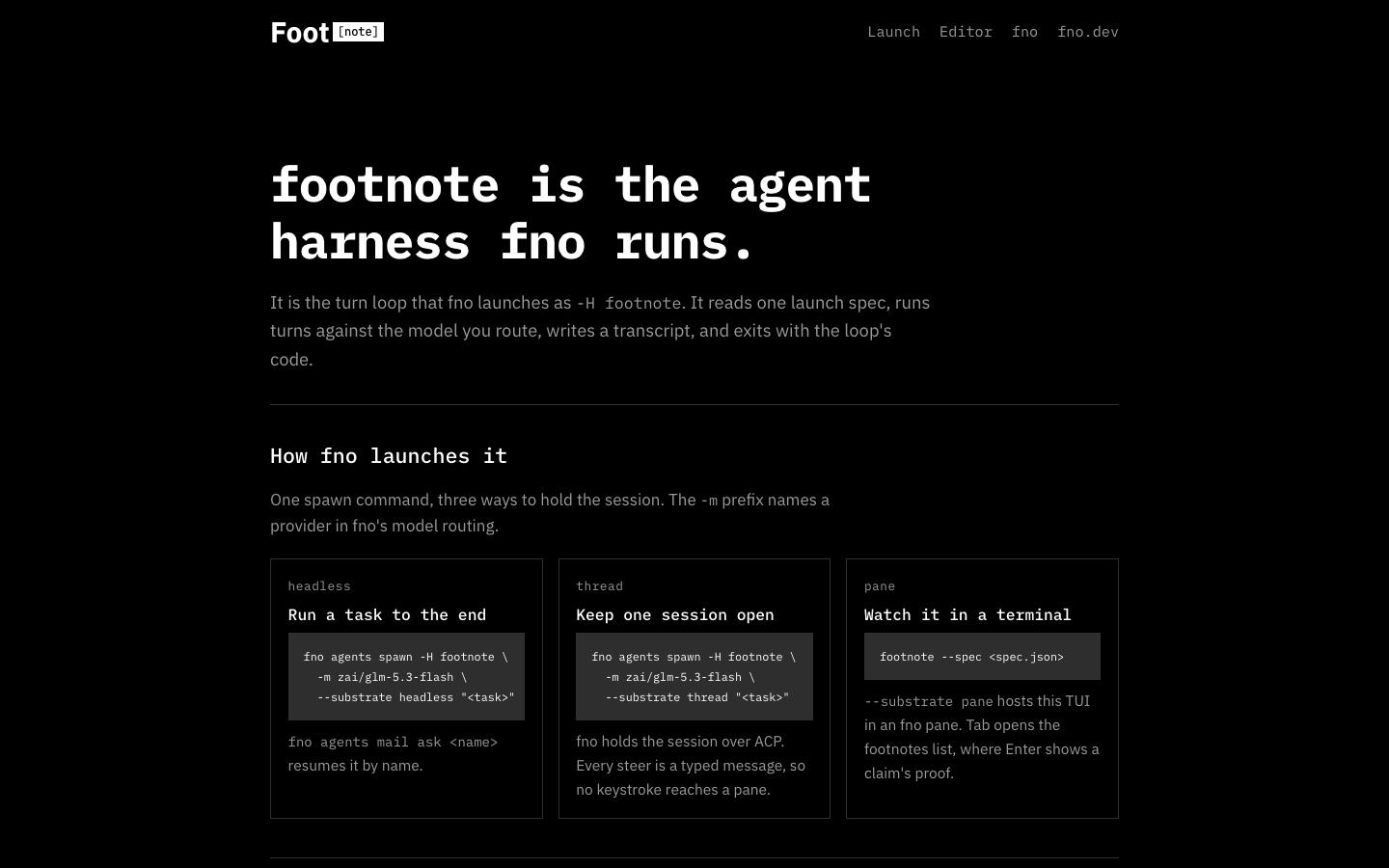 The footnote.sh page: footnote is the agent harness fno runs