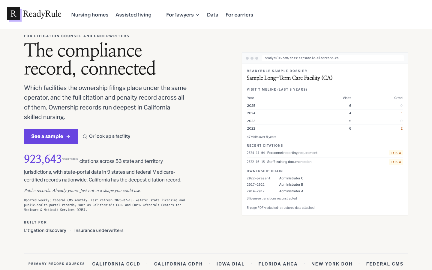 The readyrule.com home page with a sample facility dossier